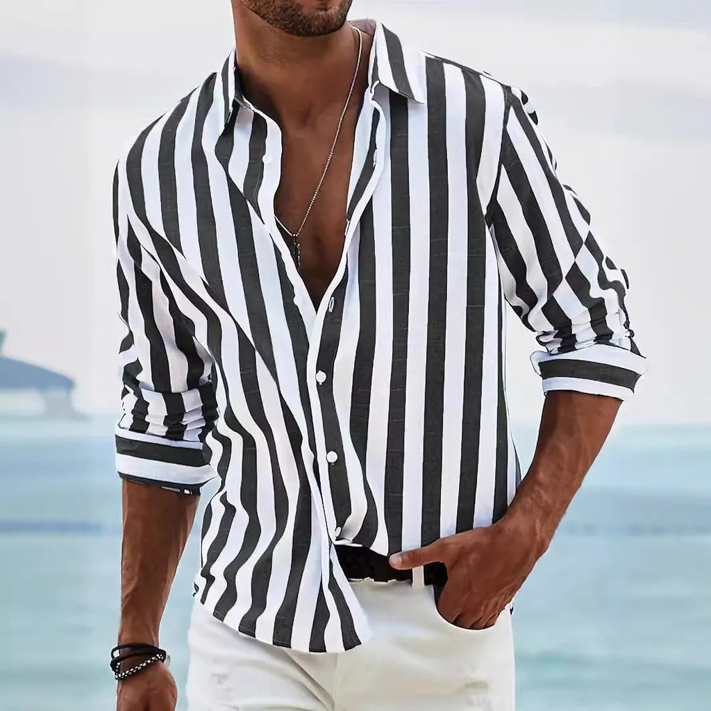Men's yarn-dyed striped casual shirt with loose fit cardigan style in polyester fabric