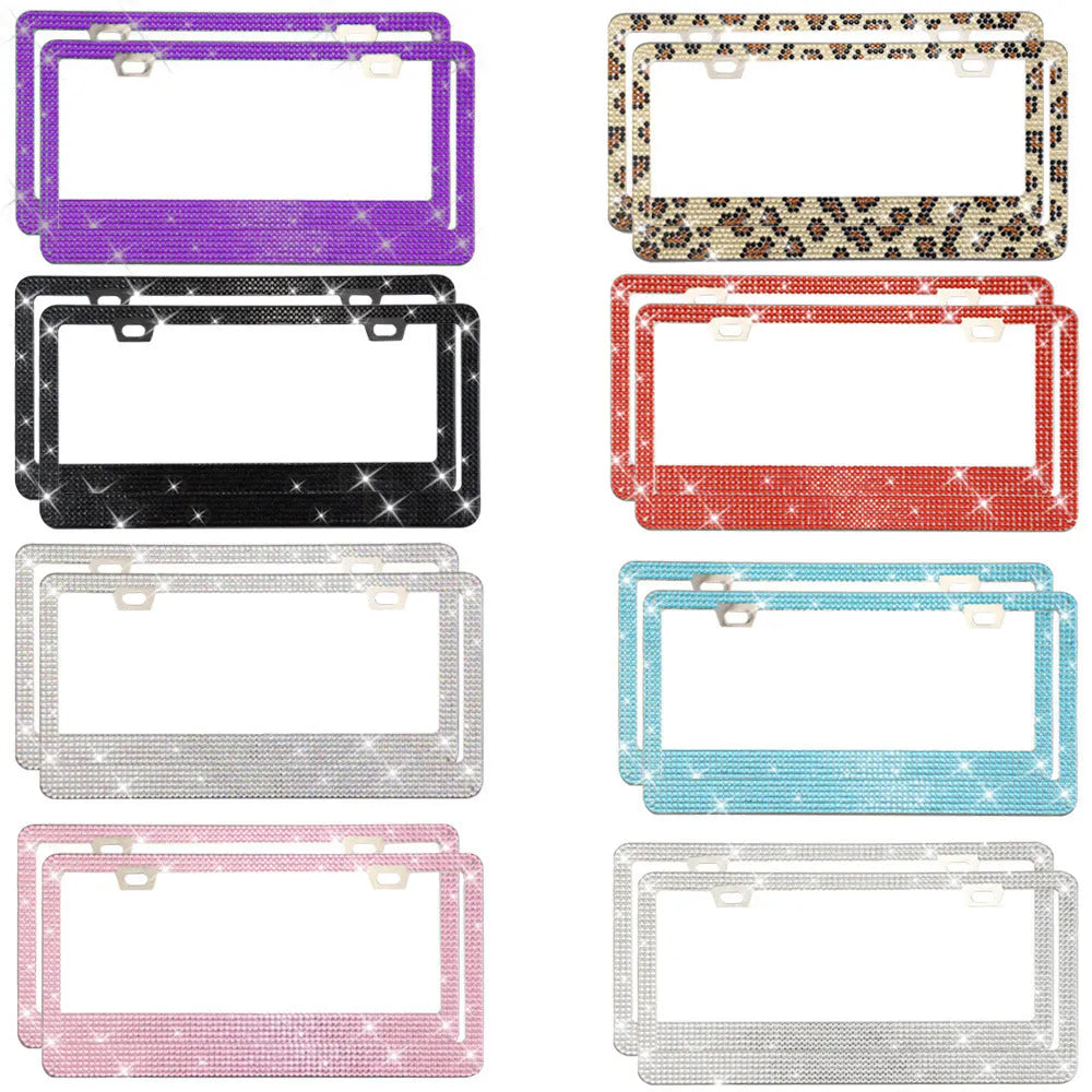 Stainless steel license plate frame with square holes for adhesive acrylic crystals, shown in various colours.