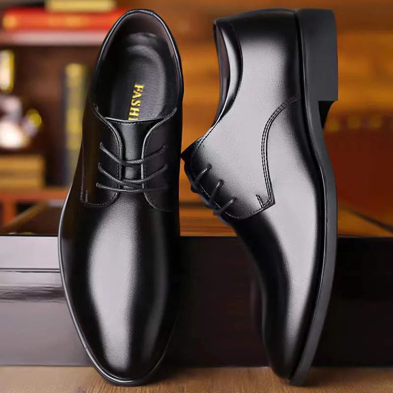 Men's pointed toe business shoes with sequin detail, PU upper, rubber sole, shown in black and brown.