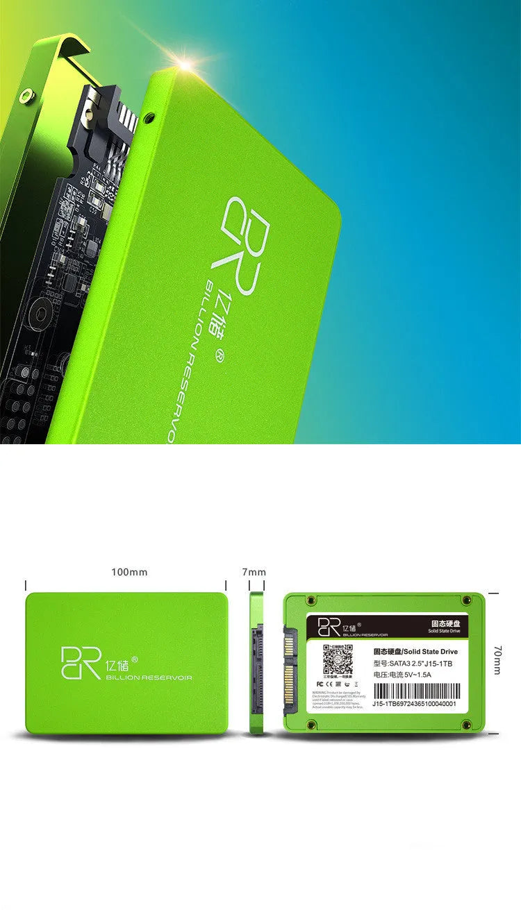 Personalised solid state drive with SATA 3.0 interface in black plastic housing showing capacity options