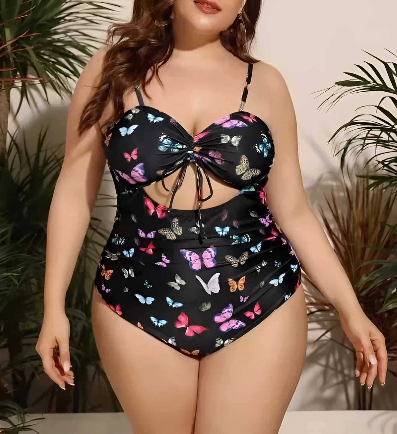 Plus size women's black one piece swimsuit with print pattern, high elasticity polyester fabric, size 2XL