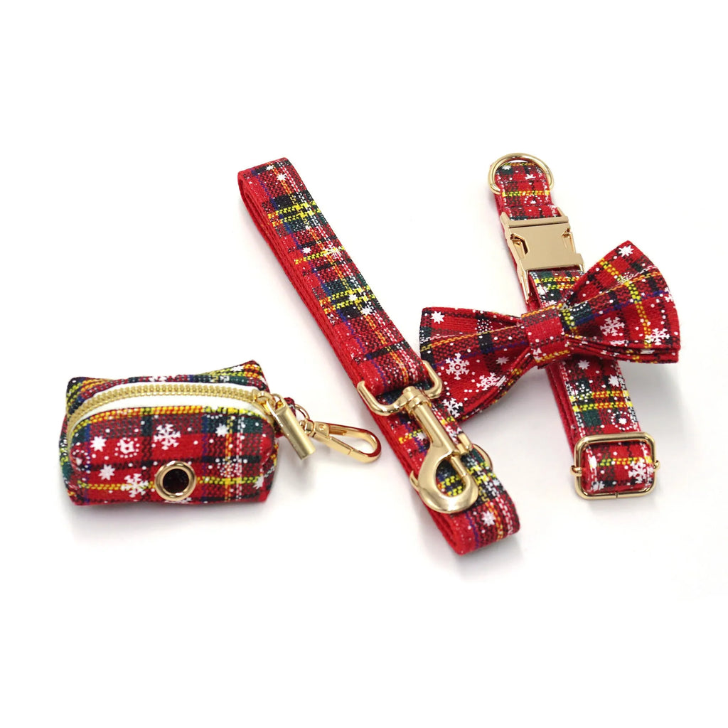 Red Christmas dog accessory set with collar, lead, bow, harness and waste bag in laser cut cloth