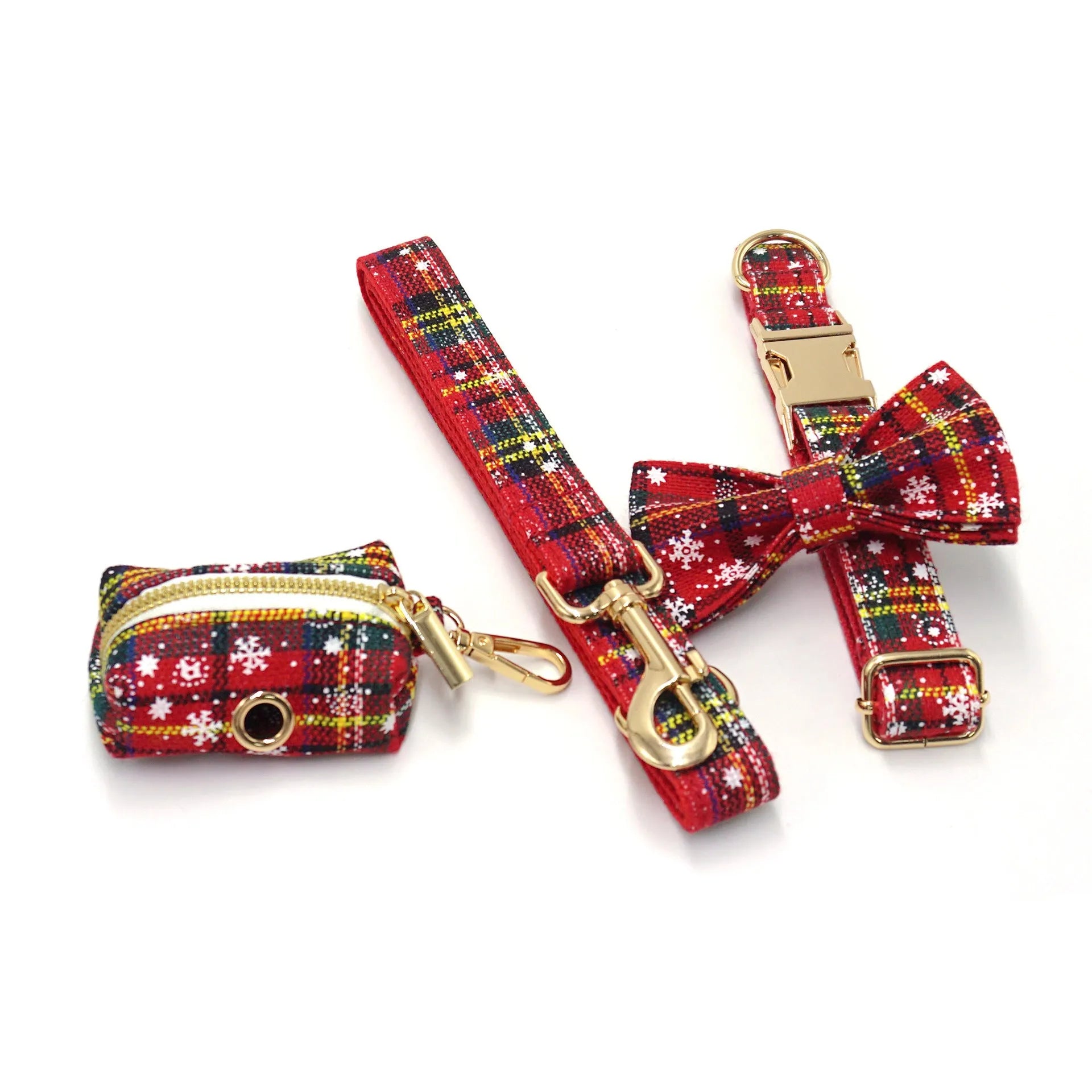 Red Christmas dog accessory set with collar, lead, bow, harness and waste bag in laser cut cloth