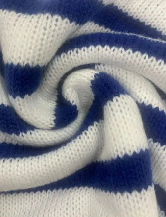 Sapphire Blue striped acrylic pullover sweater with round neck and long sleeves on hanger
