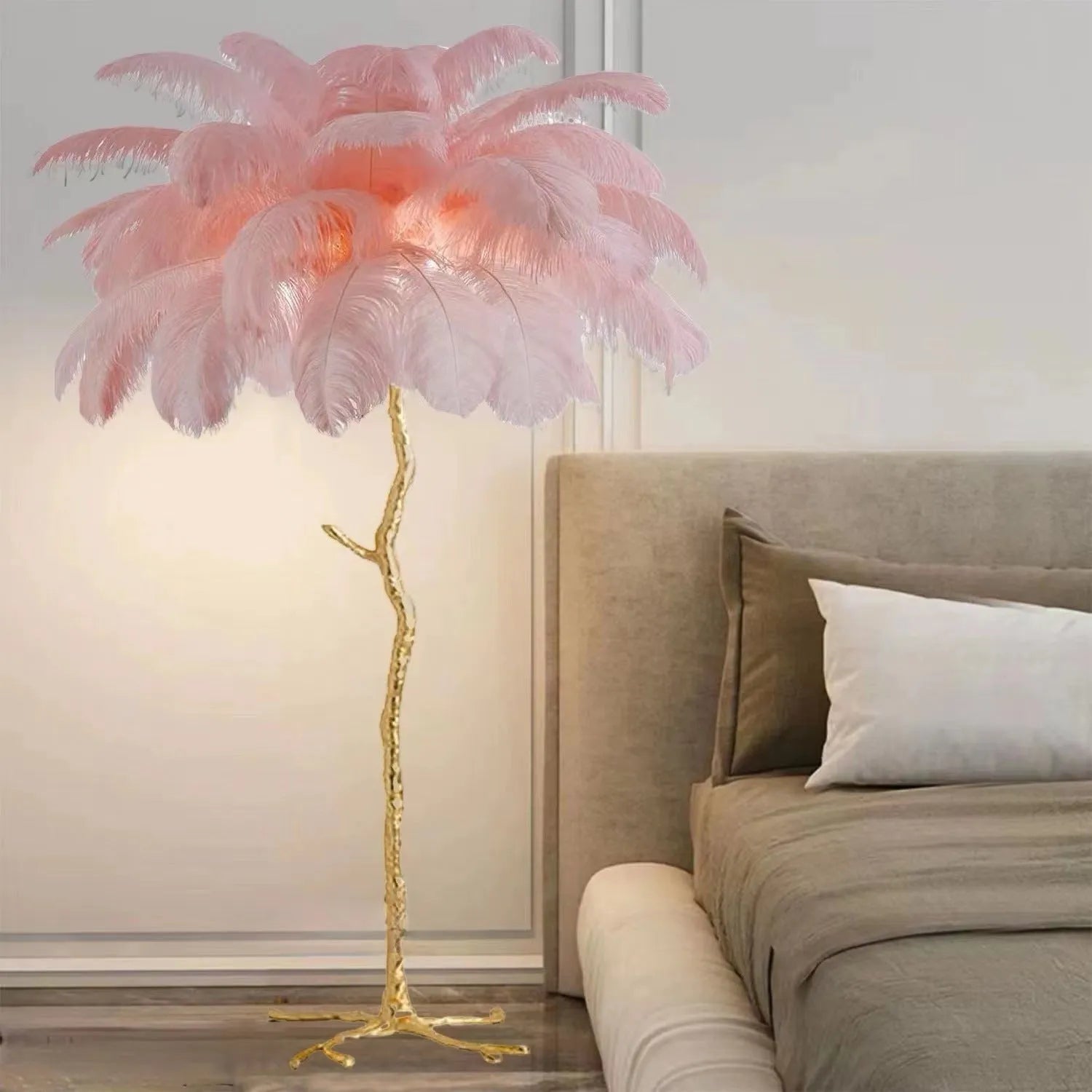 Decorative resin feather floor lamp with 32 feather elements in living room setting