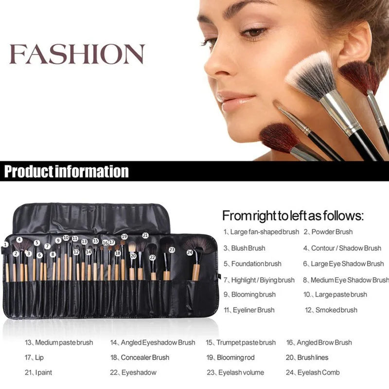24 piece makeup brush set with wooden handles, man-made fibre bristles and PU case