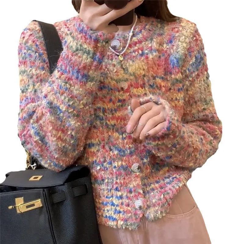 Pink or green slim fit acrylic knitted cardigan sweater with regular sleeves