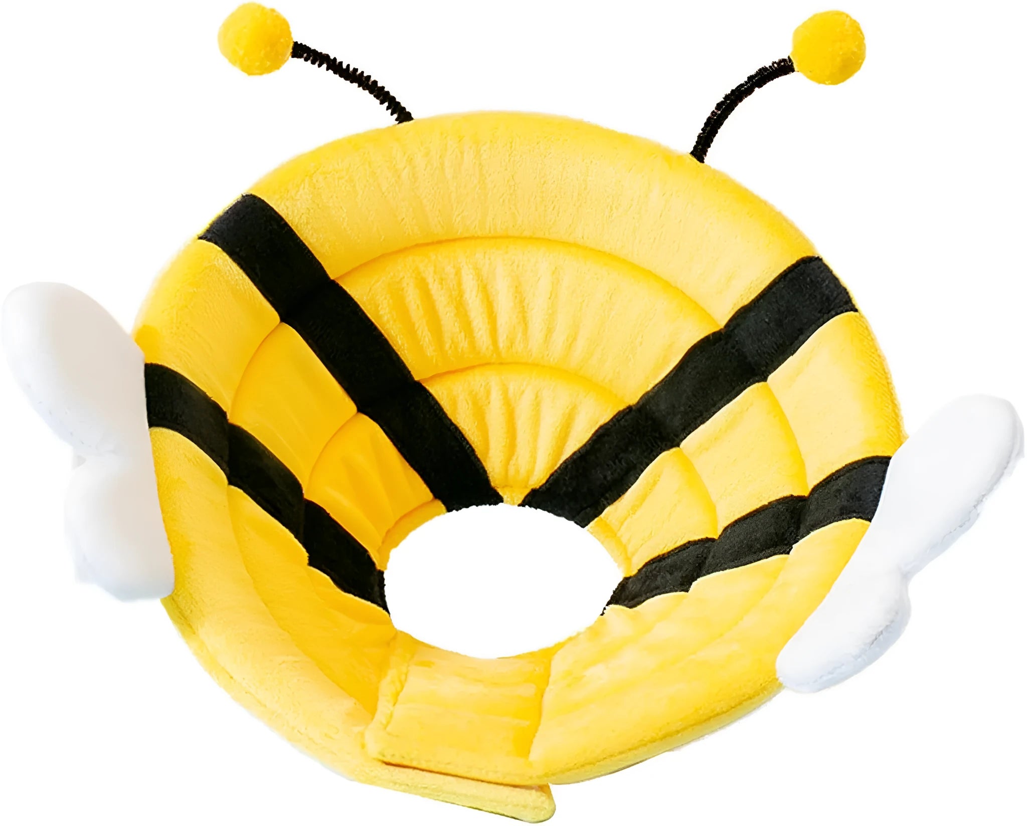 Soft cat cone collar with bee design showing Velcro closure and fabric construction