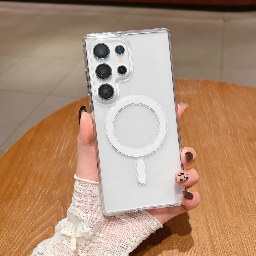 Transparent magnetic silicone phone case for Samsung Galaxy smartphones showing clear protective design