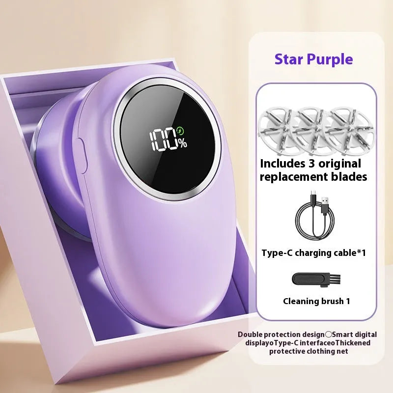 Digital fur ball trimmer with multiple cutter heads in purple or beige colour options