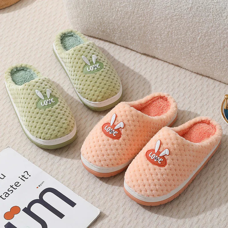 Women's rabbit plaid design house slippers with artificial fur upper and thick rubber sole
