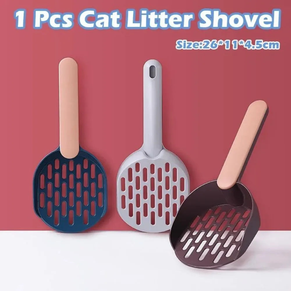 Blue plastic cat litter scoop shovel with fine mesh sieve slots and ergonomic handle for litter box cleaning