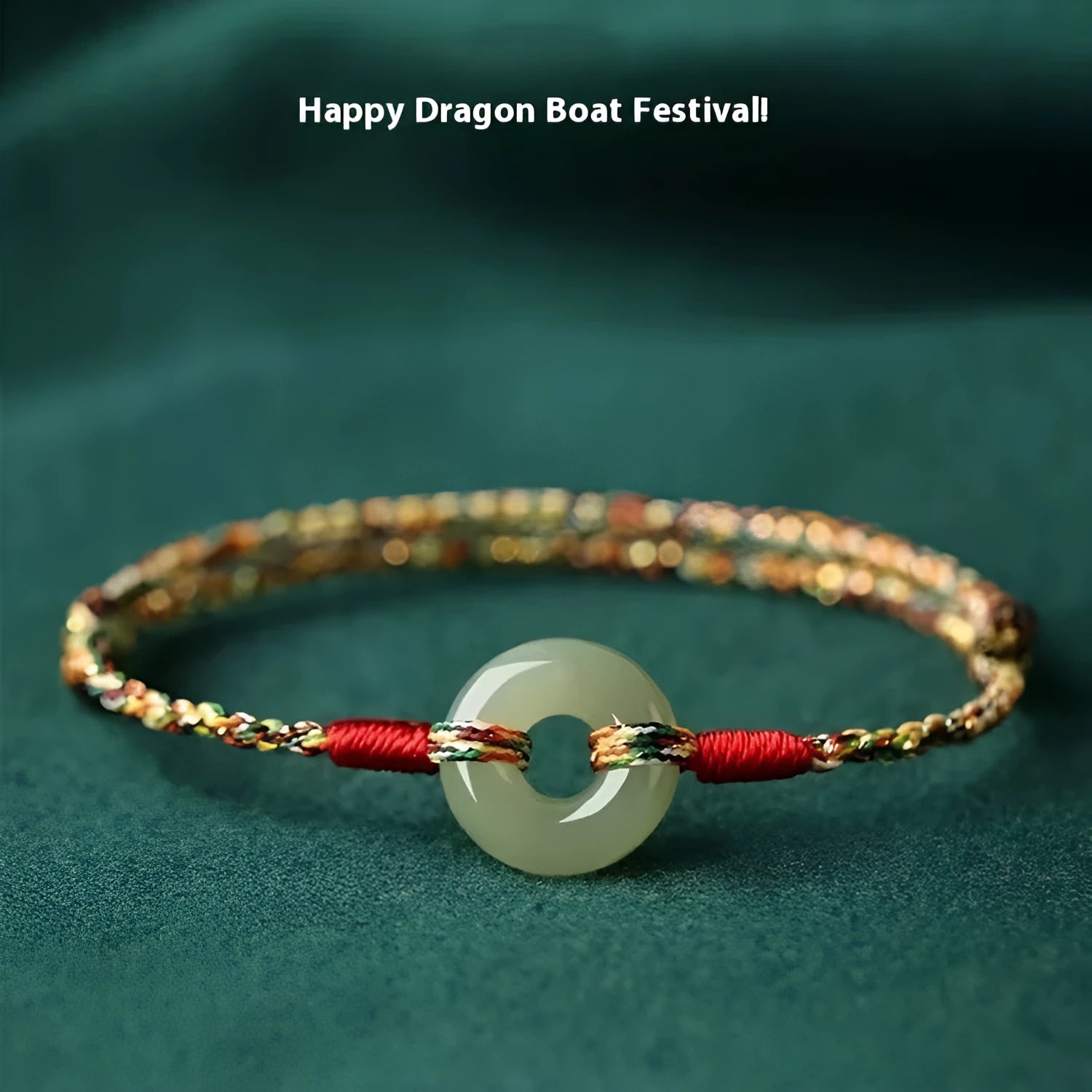 Close-up of a colourful woven rope bracelet with a silver peace buckle clasp on a wrist.
