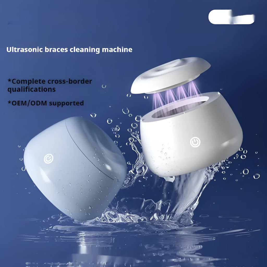 Plastic ultrasonic portable denture cleaner in white with 300ml tank and USB power cable