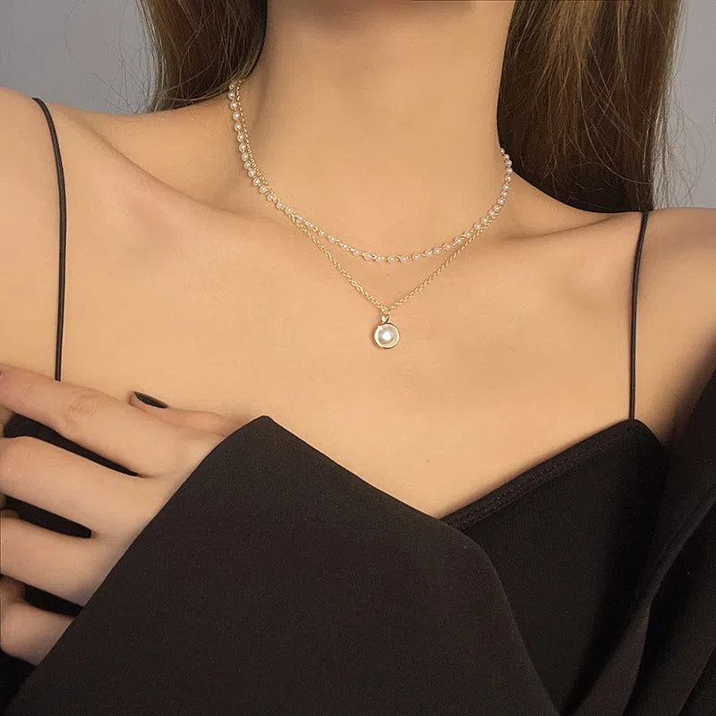 Double-layer pearl necklace with alloy chain and pearl pendant, inner chain 28.5cm, outer chain 40.0cm, extension chain 5.7cm