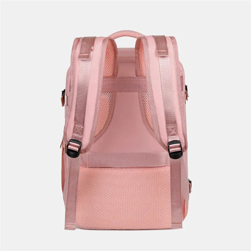 Purple women's travel backpack with multiple compartments and air pillow shoulder straps
