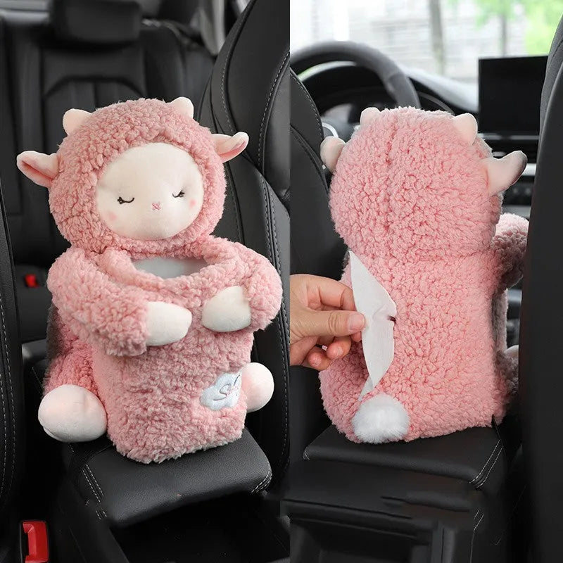 Plush car tissue box trash can combination in character design for General Motors vehicles