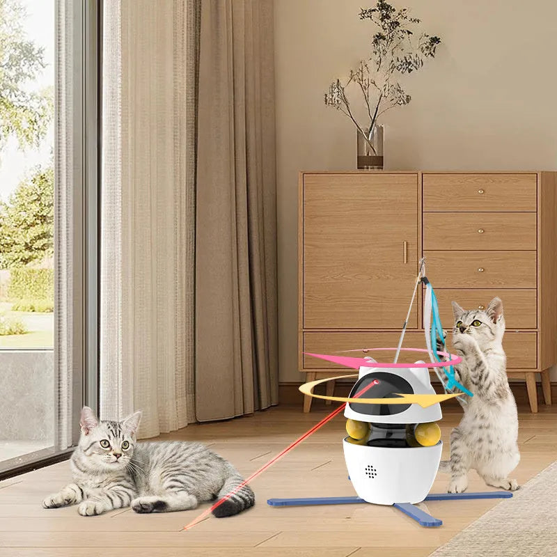 White automatic interactive cat toy stick with elastic rope extended, on a plain background.
