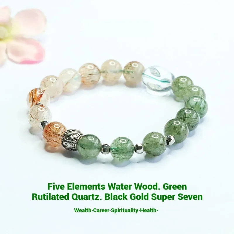 Green quartz rutilated black gold Super Seven bracelet Chinese style 8.5mm