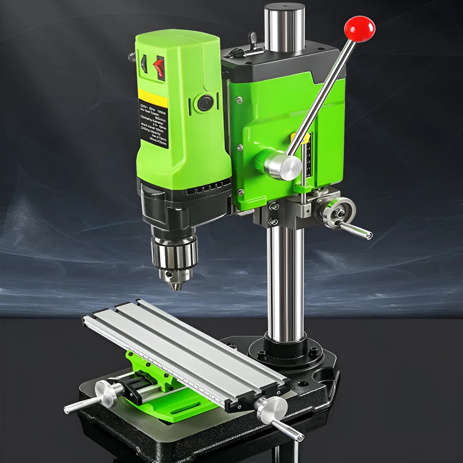 Mini bench drill milling machine on a workbench with optional pliers or drill accessories.