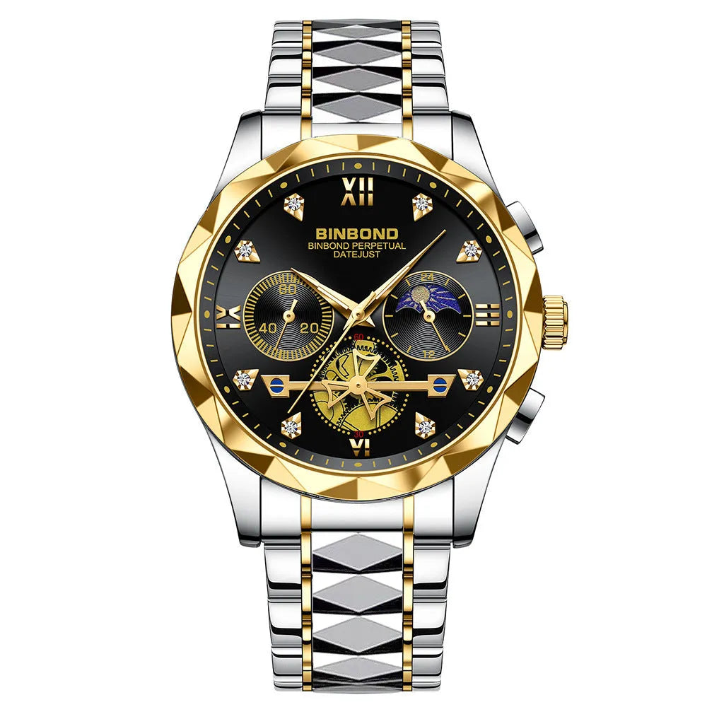 Men's casual quartz watch with round stainless steel case and strap, white dial, black bezel, 11mm thick
