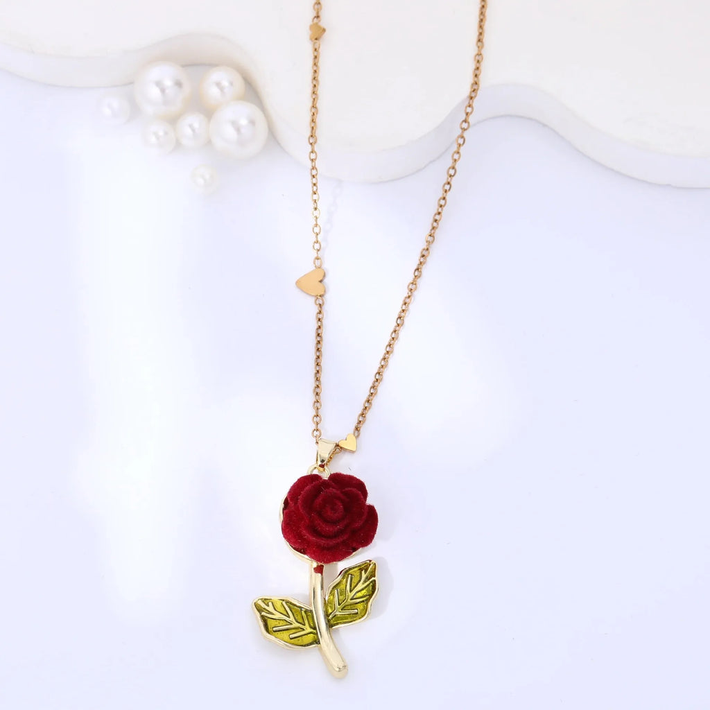 Baroque rose copper pendant necklace on titanium steel O-ring chain, adjustable 41-50cm, red colour, front view