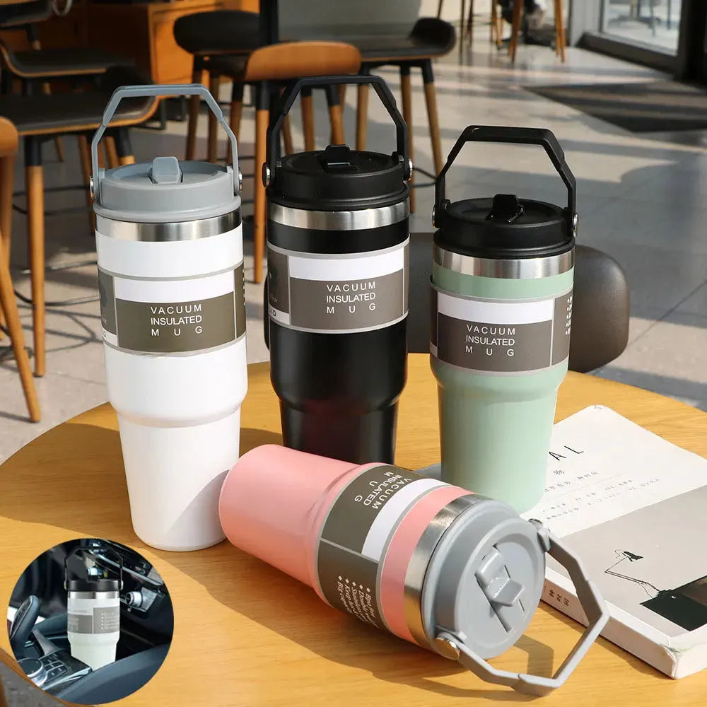 Stainless steel insulated travel tumbler with handle cover in various colours