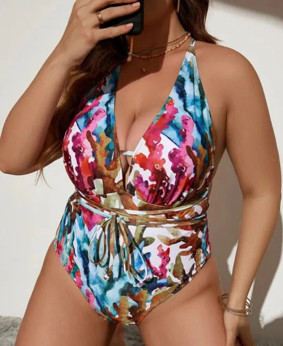 Solid colour one-piece halter bikini swimsuit in purple or blue for women's swimming