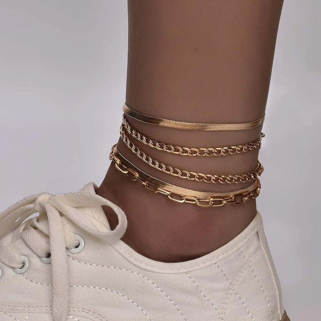 Multi-layer metal chain anklet set for women in gold and silver colours, 5pc set with 22cm chain and 5cm extension