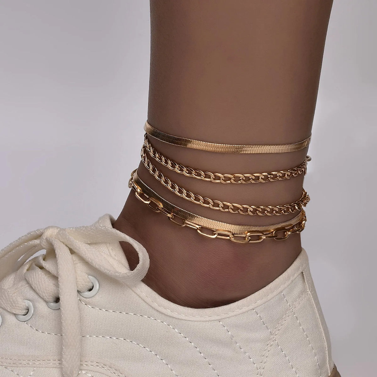 Multi-layer metal chain anklet set for women in gold and silver colours, 5pc set with 22cm chain and 5cm extension
