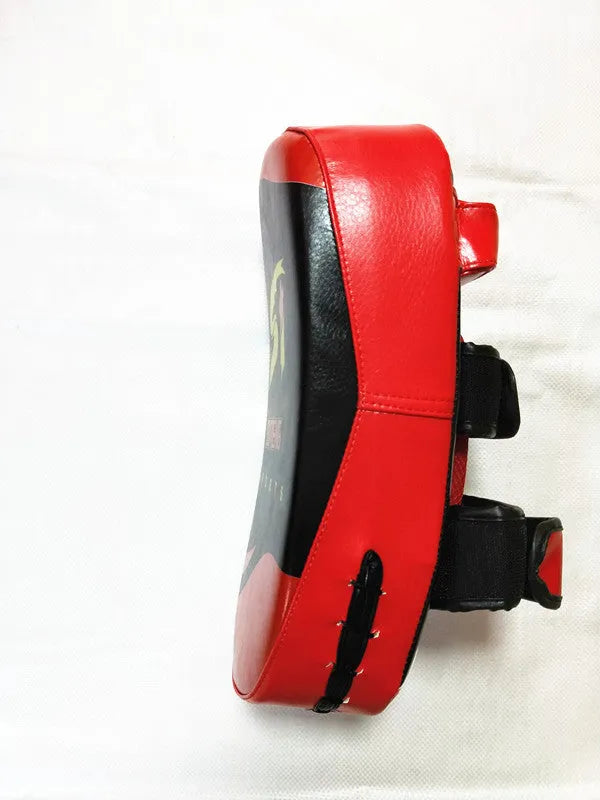 Black and red PU leather hand-held boxing training pad with buckle strap.