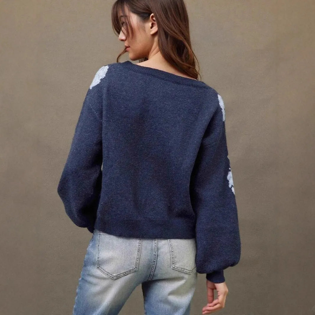 Sapphire blue women's loose pullover with off-neck and flower jacquard design