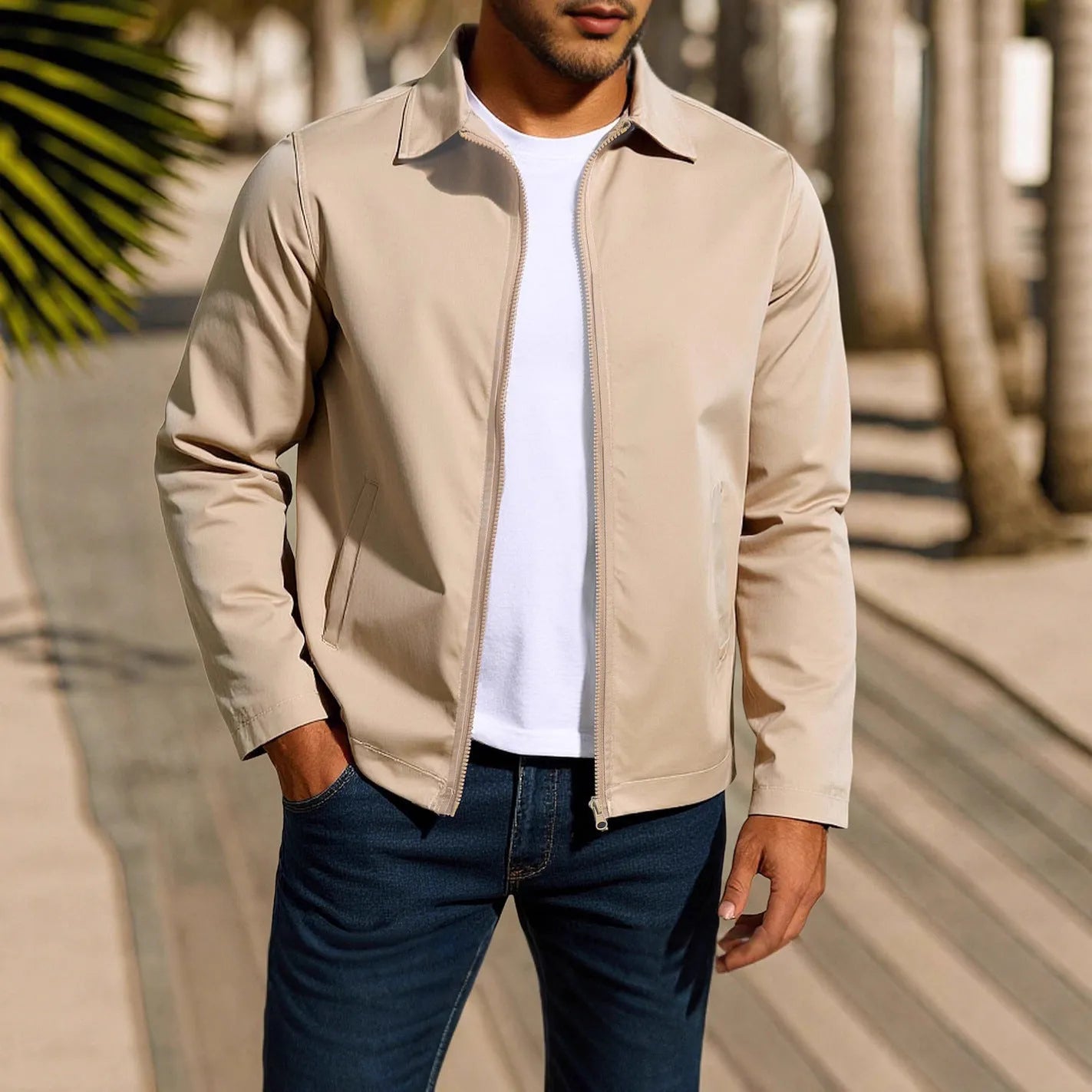 Men's zipper-front cardigan jacket with raglan sleeves in polyester blend fabric