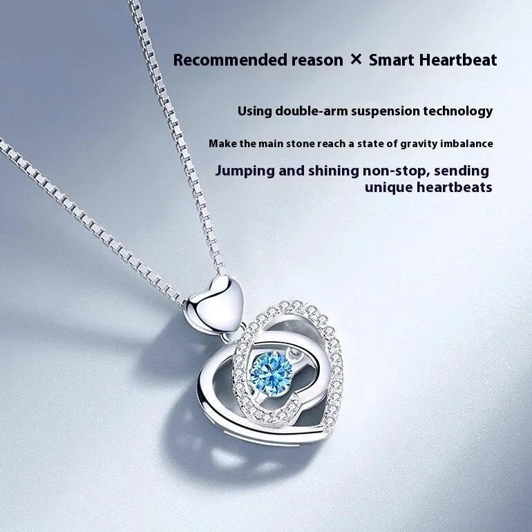 Blue diamond beating heart necklace and matching bracelet set with mixed gem inlaid pendants on geometric designs
