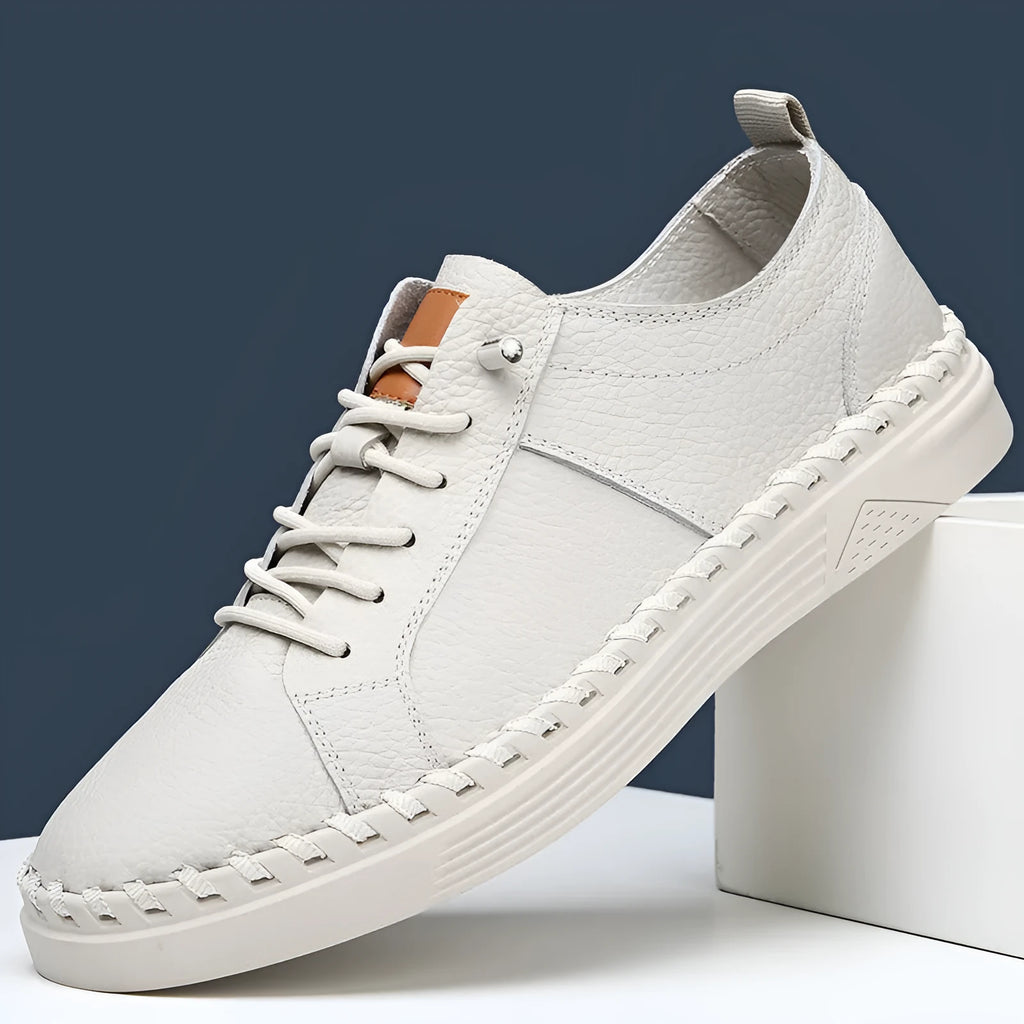 Men's beige cowhide casual sneakers with round toe and stitching details
