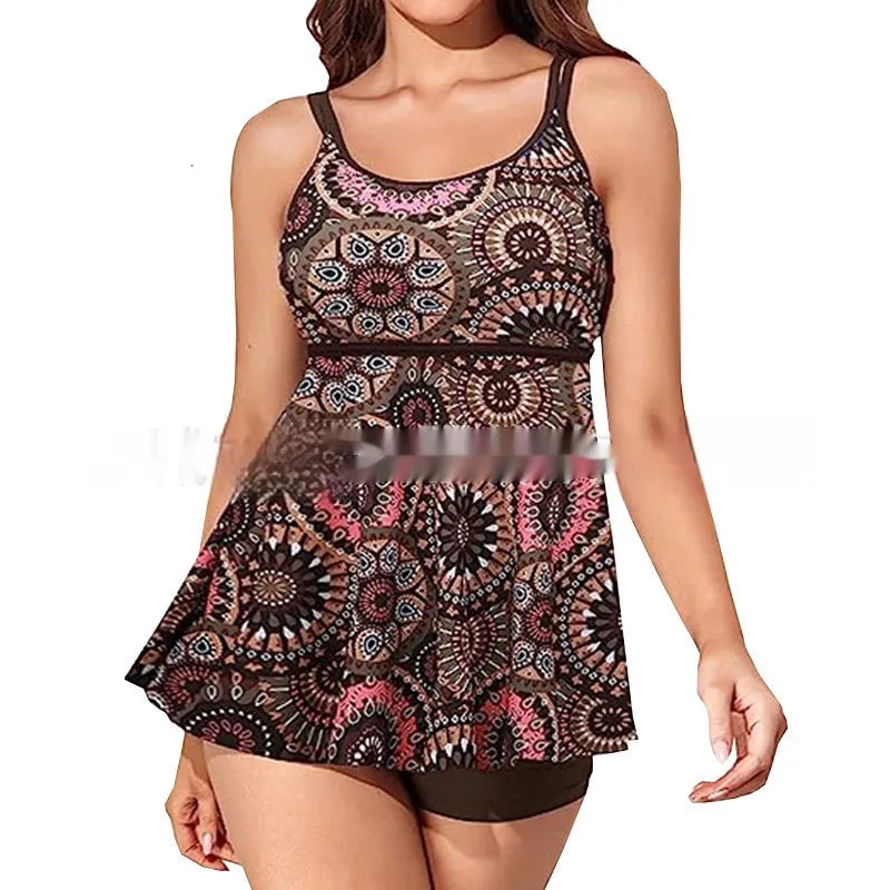 Plus size high-waisted women's swimsuit in leopard print, red print, round flower, or white falling flower pattern.