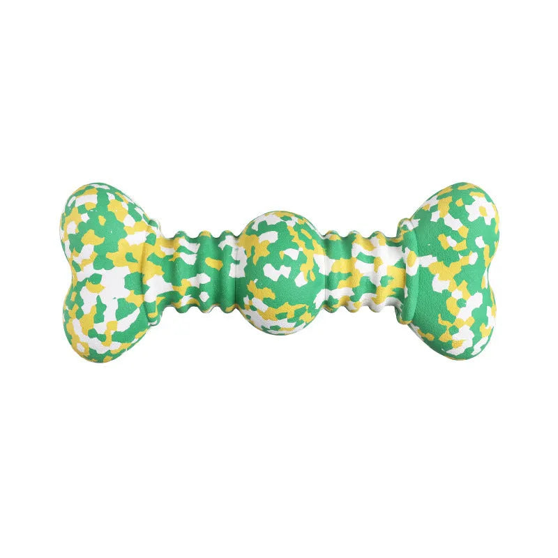USDA Organic certified natural rubber dog chew toy in camouflage pattern, two size options for medium to large breeds