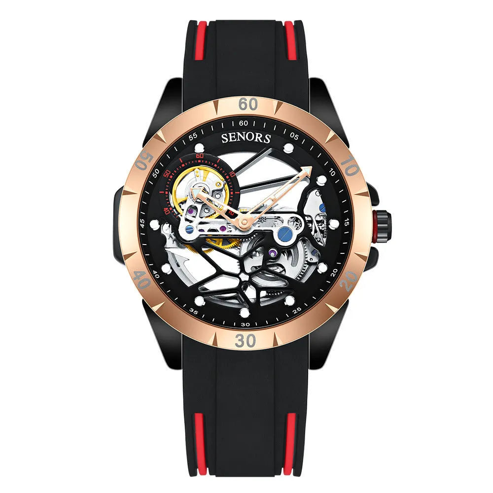Men's automatic hollow watch with business styling in rose golden blue colour