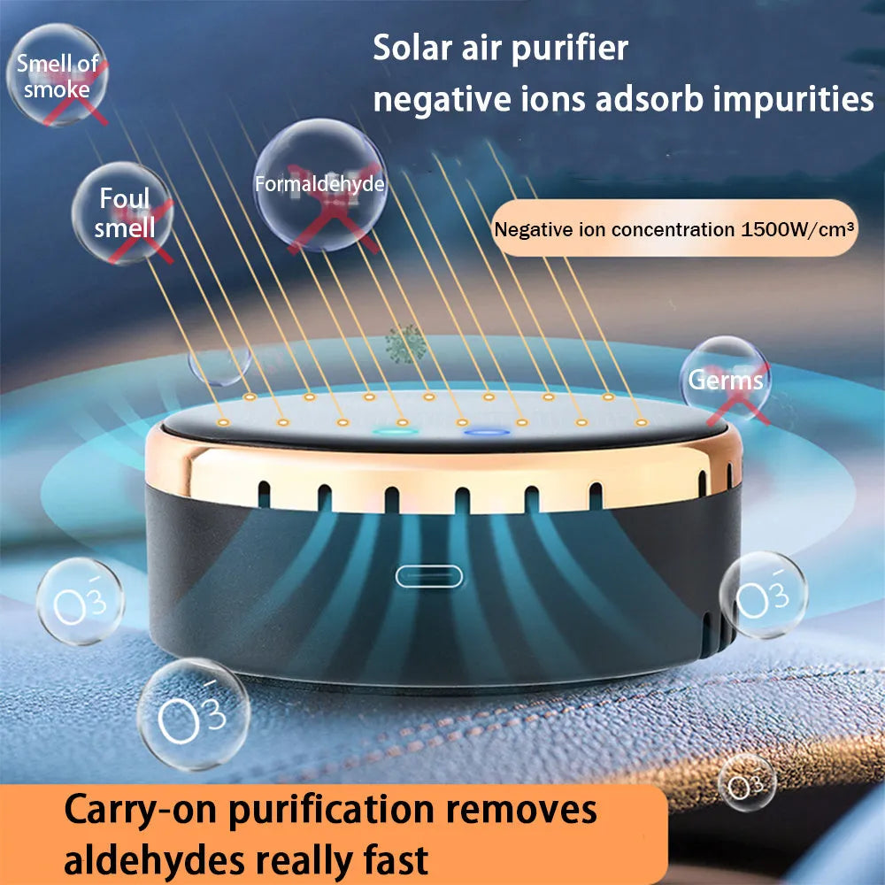 Compact black solar-powered car air humidifier installed in a vehicle air vent.
