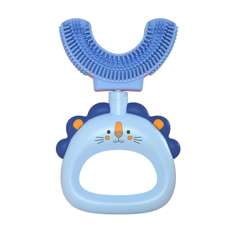 Children's U-shaped silicone toothbrush in blue for ages 2-6 years with soft silicone head and PP handle