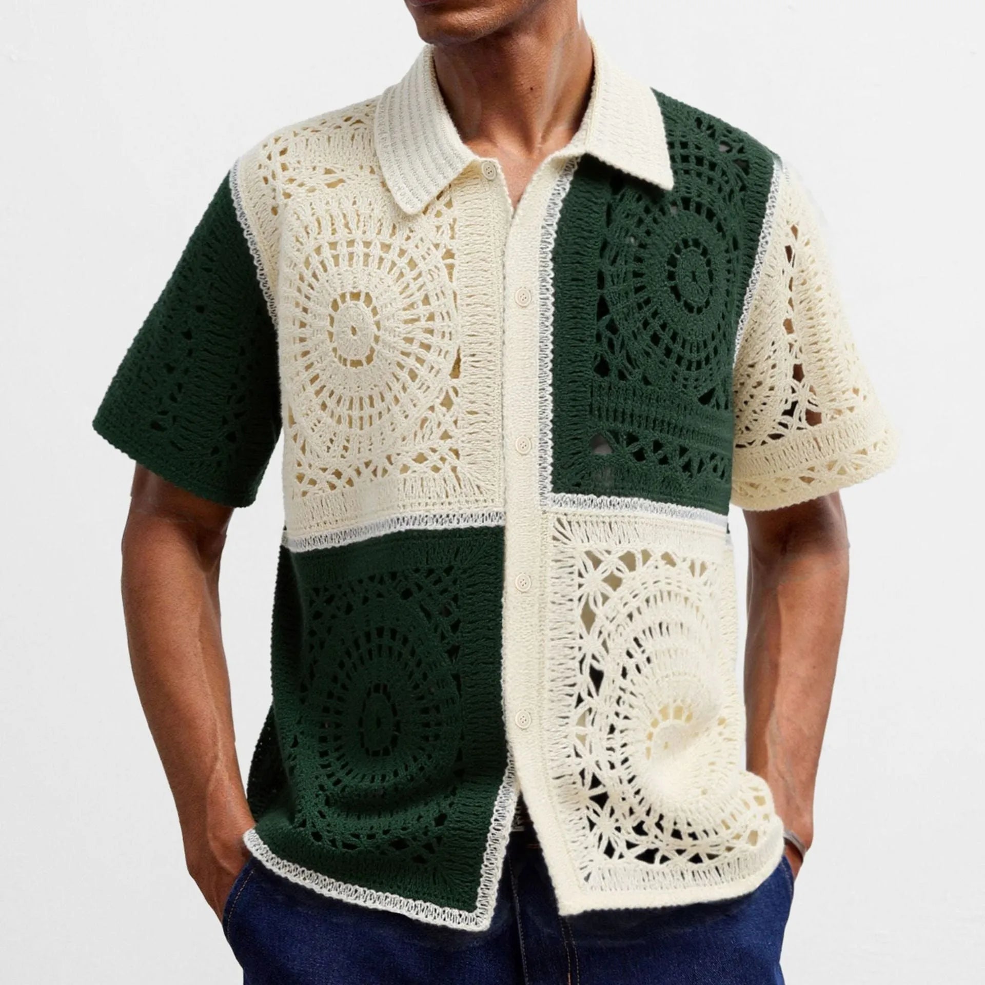 Beige men's colourblock knitted short sleeve shirt with flocking texture detail.