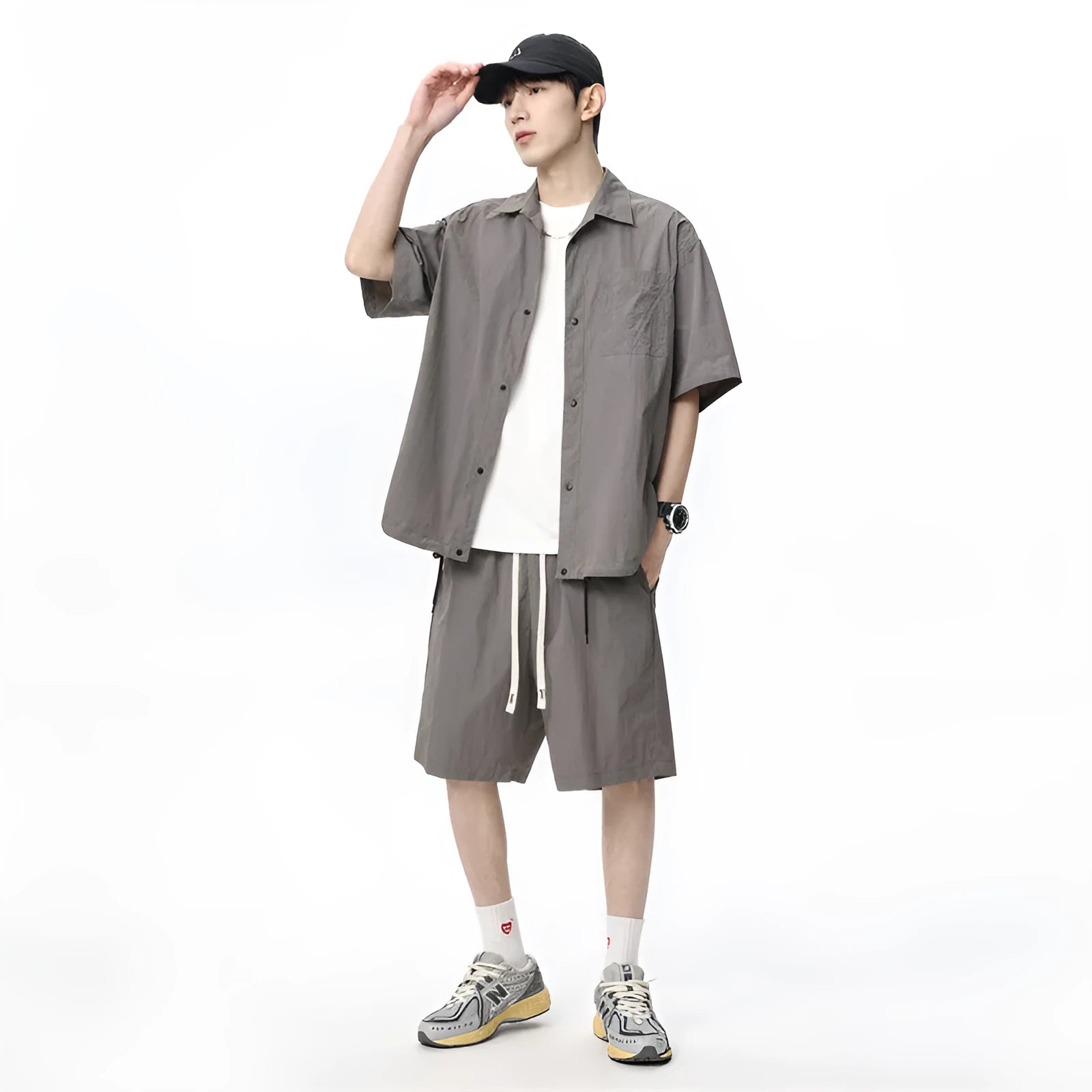 Men's loose casual hemp blend two-piece set with shirt and shorts in four colour options