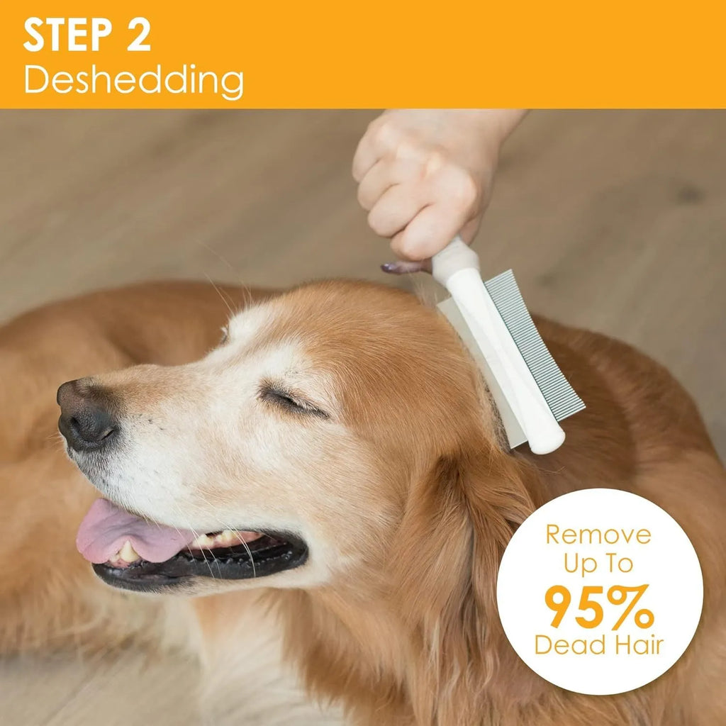 White 2 in 1 pet deshedding brush showing comb side and blade side with ergonomic handle