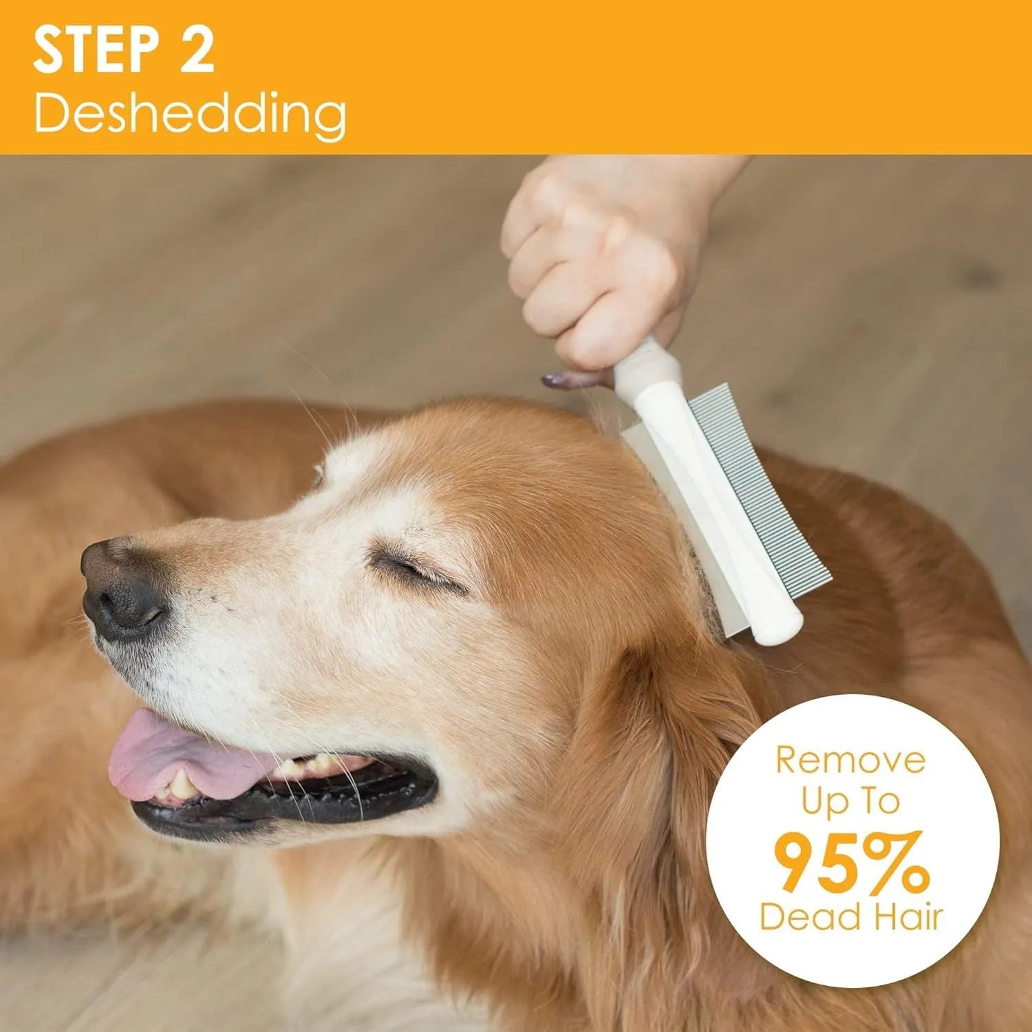 White 2 in 1 pet deshedding brush showing comb side and blade side with ergonomic handle