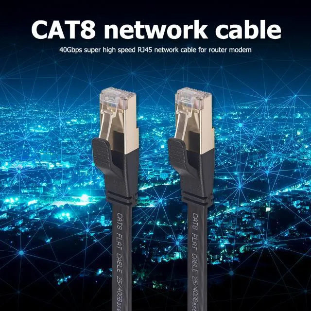Cat8 SFTP Ethernet patch cord with gold-plated RJ45 connectors, multiple length options