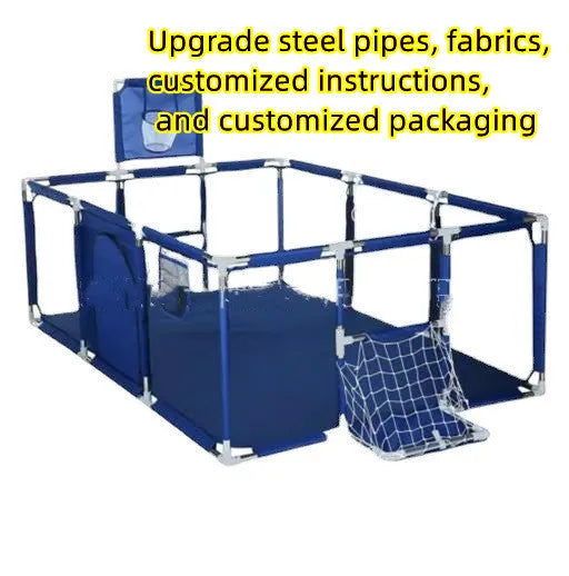 Large blue children's playpen tent with stainless steel frame and Oxford cloth walls set up indoors.