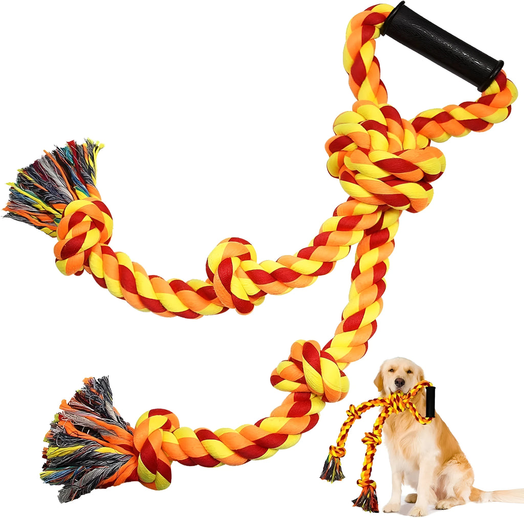 Blue and yellow cotton rope tug toy for large dogs with an ergonomic handle.