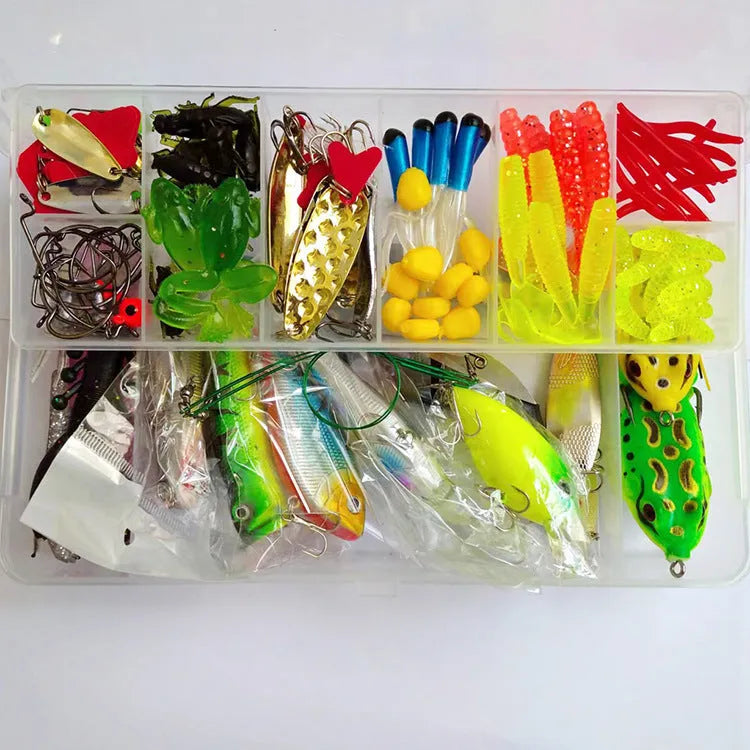 Assortment of hard plastic minnow fishing lures with sequins, hooks, and tackle components from a 142-piece kit