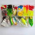 Assortment of hard plastic minnow fishing lures with sequins, hooks, and tackle components from a 142-piece kit