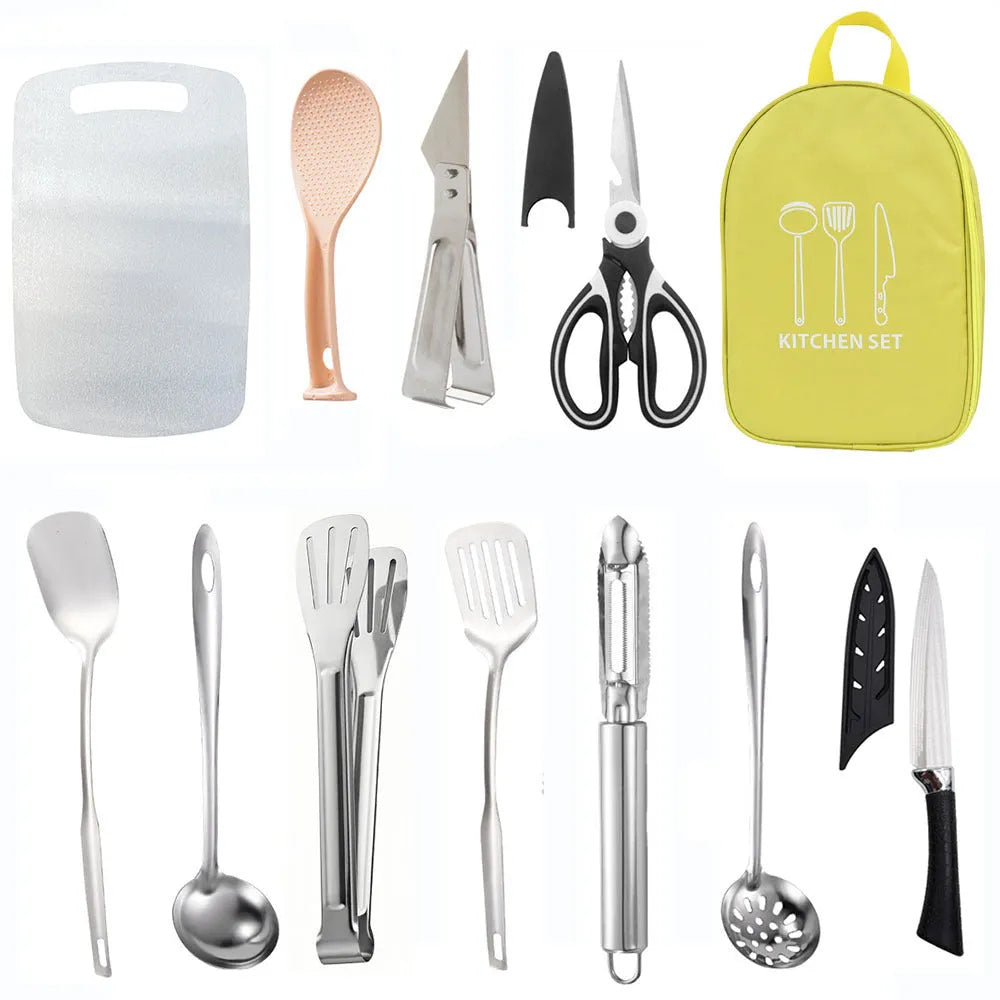 12-piece stainless steel picnic kitchenware set in a portable khaki storage bag